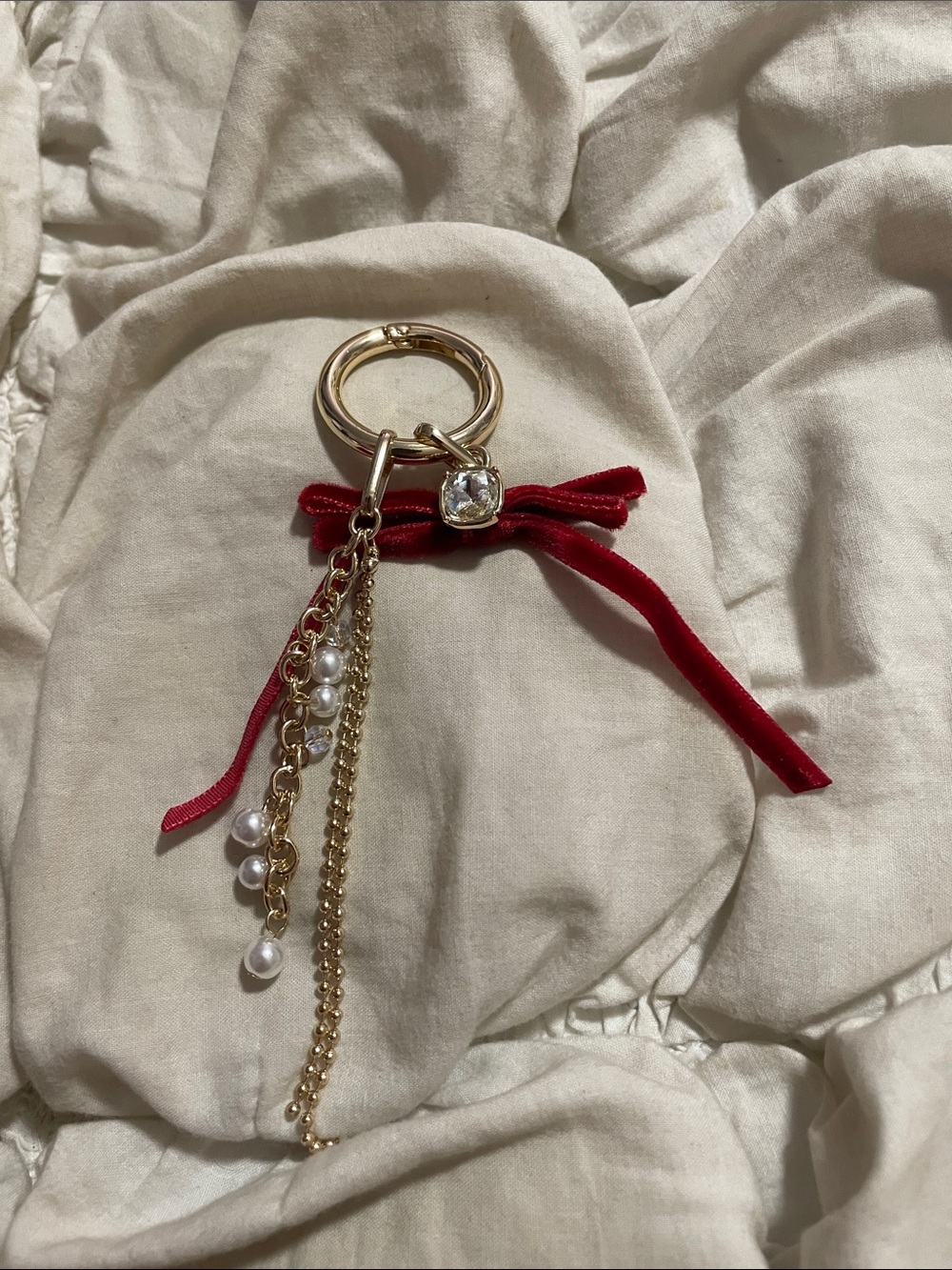 Free People Gold Tone Red Velvet Bow Pearl Draped Chain Bag Charm Coquette Chic